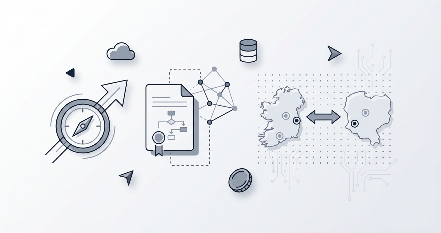 Dublin cityscape with modern office buildings and the River Liffey at sunset.