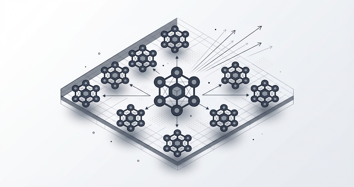 Node.js logo overlaid on a server rack depicting multi-core CPU architecture for clustering.