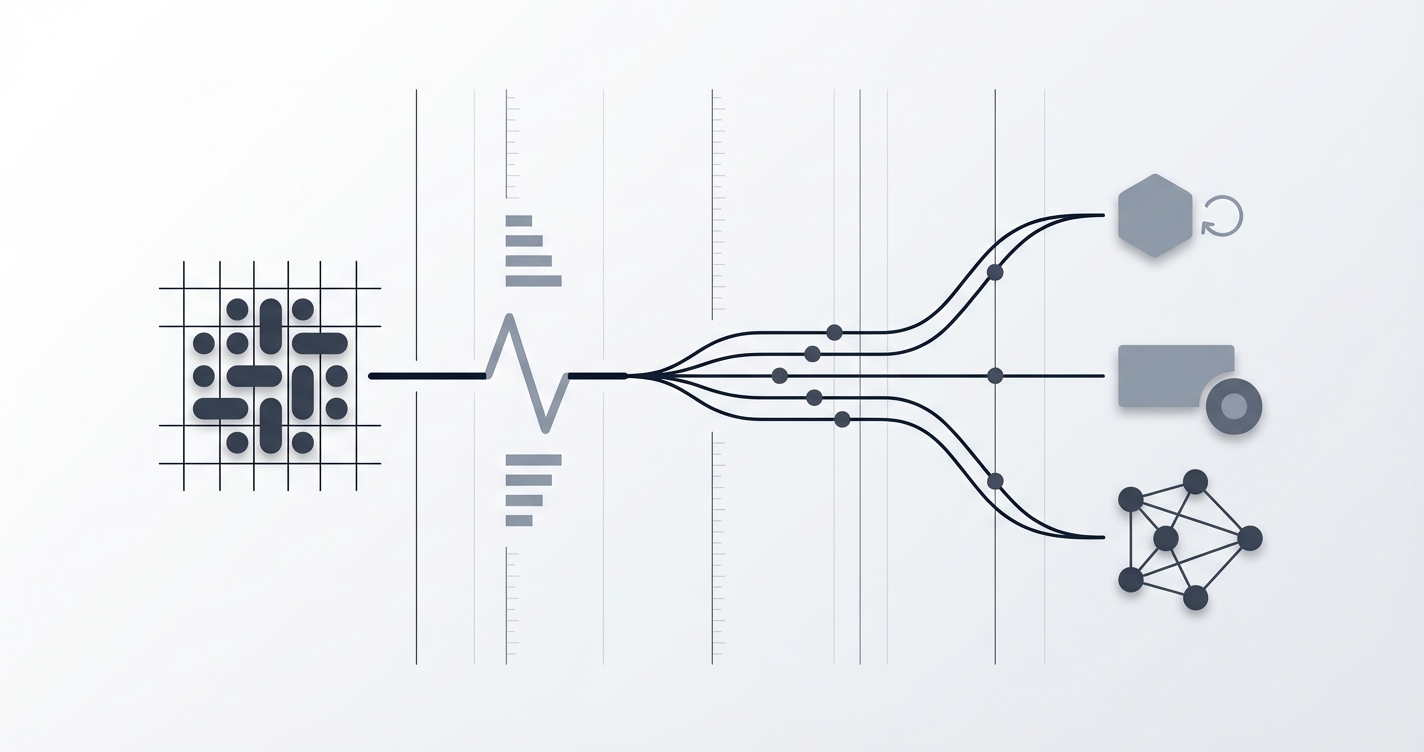 Abstract representation of serverless functions initializing in a cloud environment during a cold start.